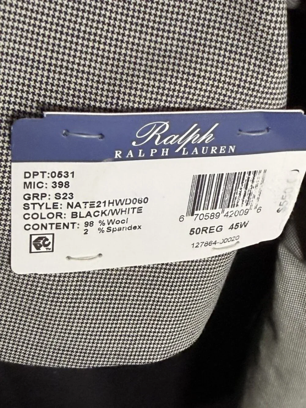 NWT Ralph by Ralph Lauren 2pc Suit 50R 45W BlK/White Houndstooth Wool Unaltered